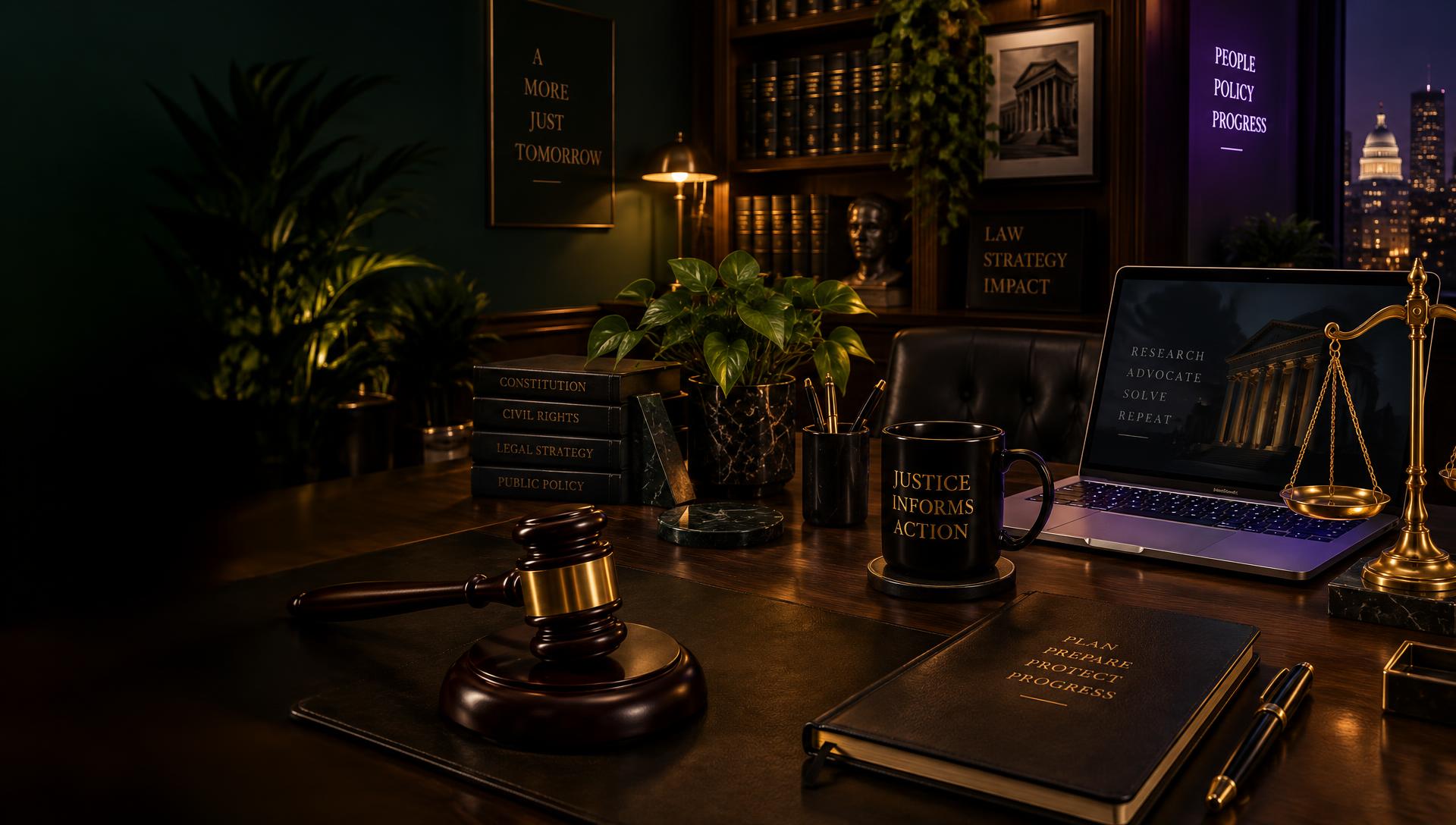 Law office at night with law books, laptop, justice mug, scales and gavel
